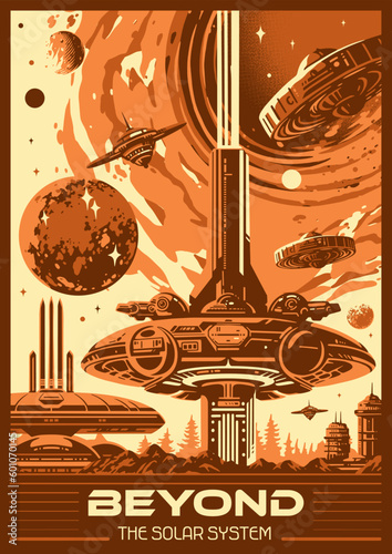 Alien city vintage flyer monochrome