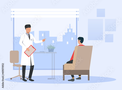 Doctor consulting patient vector illustration. Patient sitting in medical chair during visit or treatment at hospital or clinic. Health care, medical checkup, wellness concept © SurfupVector