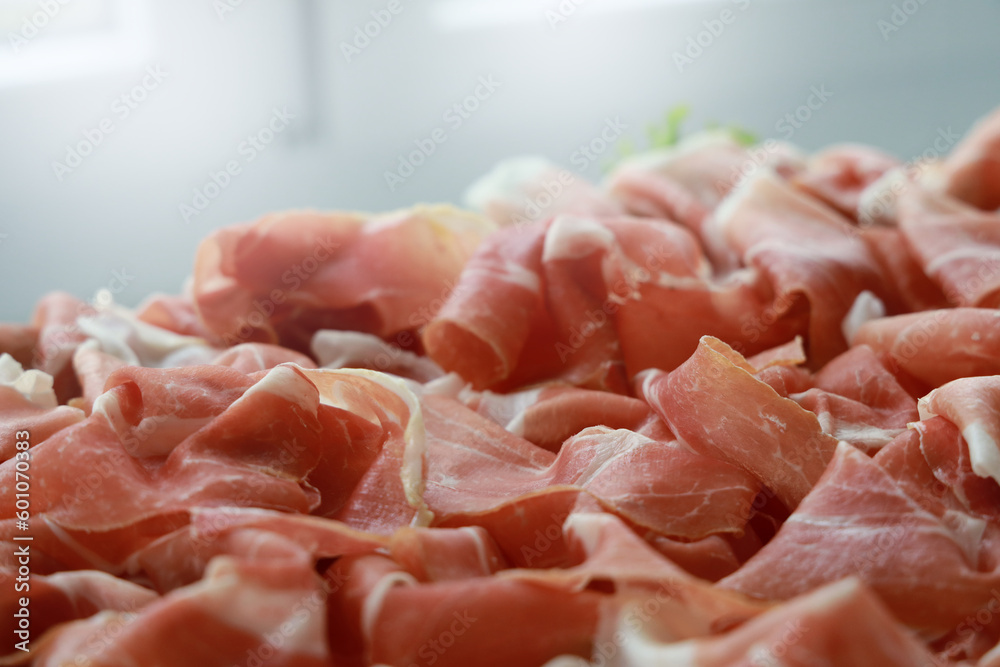 Prosciutto di Parma on a antipasti buffet. Prosciutto di Parma on a antipasti buffet.