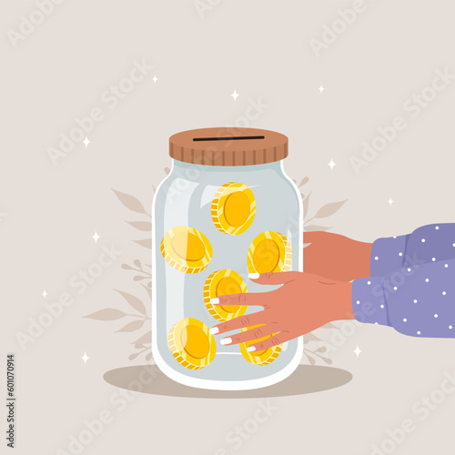 Donation money. Female hands holding glass jar with gold coins. Financial support for homeless and poor people. Fundraising Concept. Vector illustration in cartoon style.