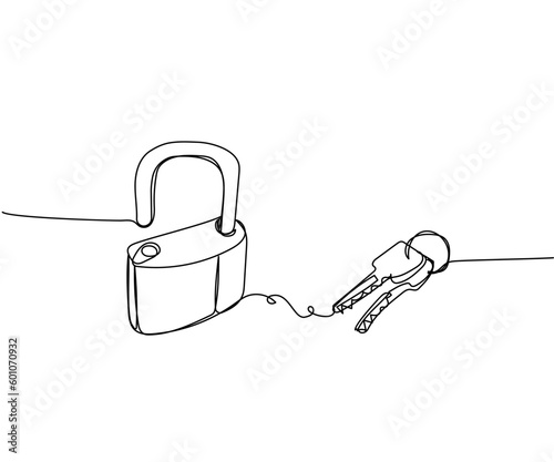 Barn lock, apartment keys one line art. Continuous line drawing of entrance, rusty, steel, padlock, key, exterior, storage, latch, barn, door, old, lock, farm safety, property