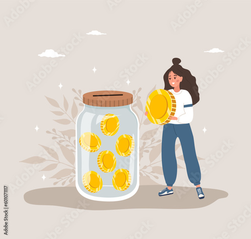 Donation money concept. Cute woman with glass jar full of gold coins. International charity day. Fundraising Concept. Vector cartoon illustration. Volunteering and social care.
