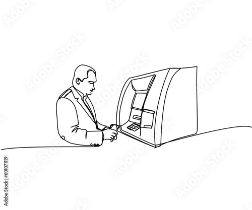 Man withdrawing money from an ATM, cash machine, bank one line art. Continuous line drawing of bank, money, finance, financial, payment, data, savings, economic, wealth, credit