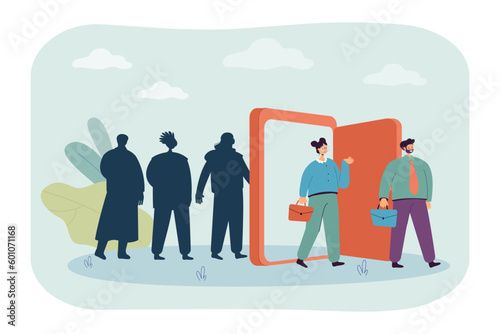 People getting job vector illustration. Office workers walking through door, unemployed people staying behind. Job creation, low unemployment rate, economy, America concept