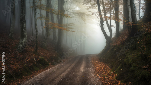 Road in the foggy forest. Generative AI