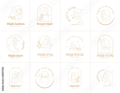 Set of Hijab store logos. Linear female portraits with closed eyes. Vector illustration in one line style. Arabian woman wear store.