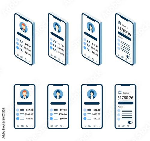The banking account screen on a smartphone, isometric and front view variation set