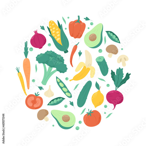 Fruits and vegetables, set of healthy vegetarian food in round shape. Hand drawn vector illustration in trendy minimalist style