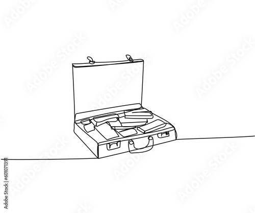 Suitcase with money, winnings, bribe, ransom money, cash, banknotes, dollars, hryvnia, euro one line art. Continuous line drawing of bank, money, finance, financial, payment, data, savings,