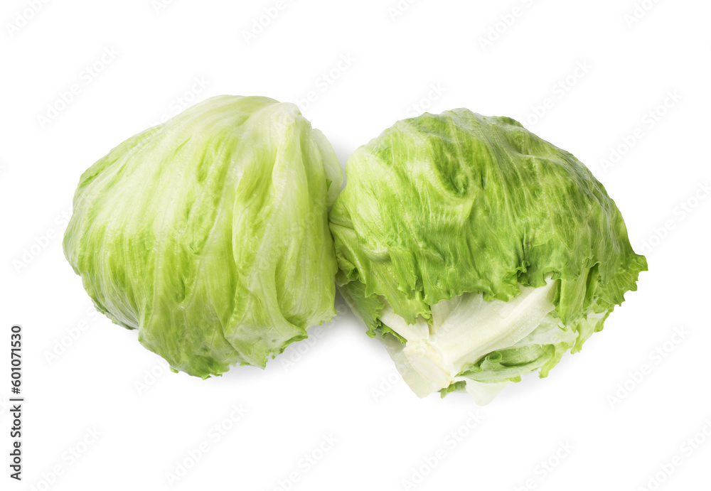Fresh green iceberg lettuces isolated on white, top view Fresh green iceberg lettuces isolated on white, top view