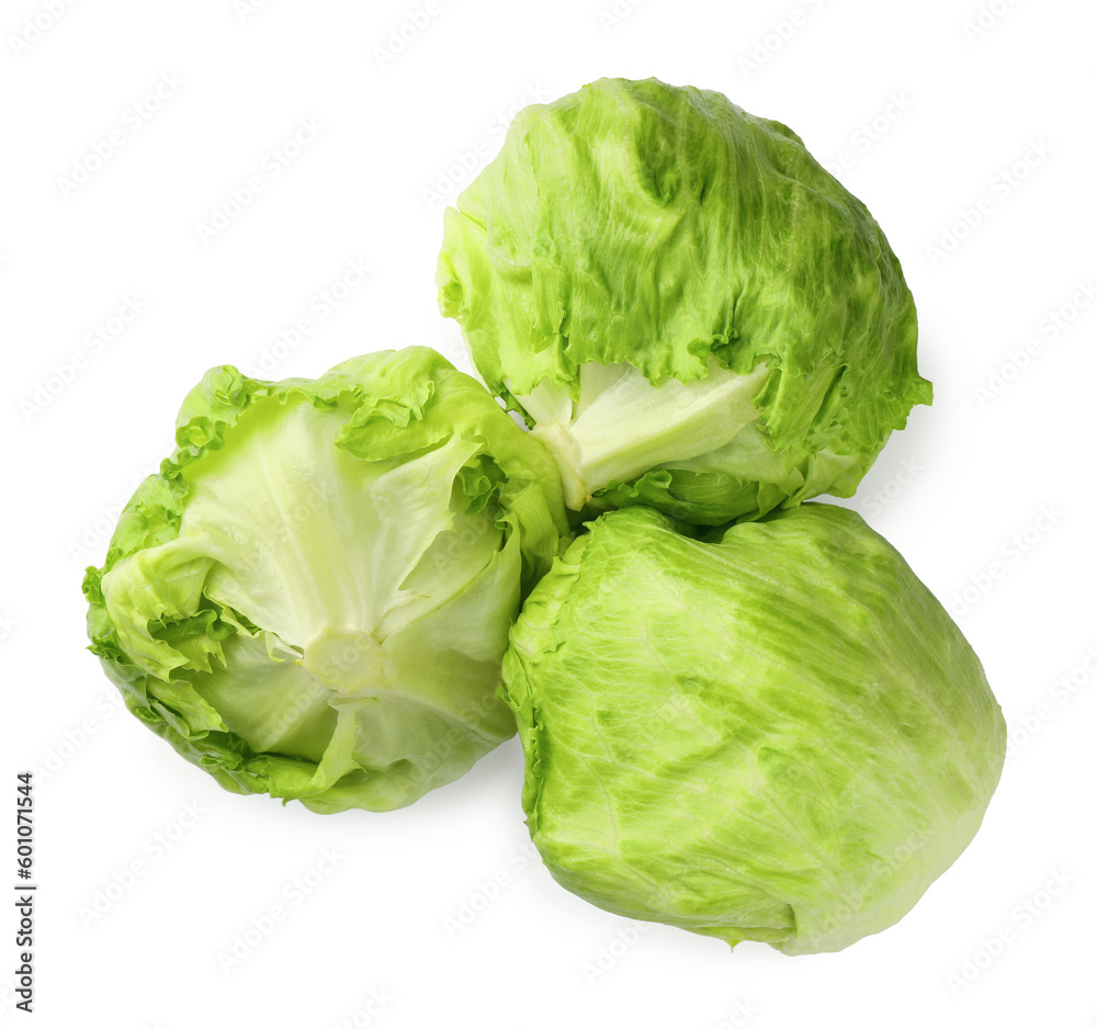 Fresh green iceberg lettuces isolated on white, top view Fresh green iceberg lettuces isolated on white, top view