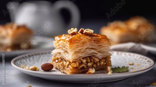 Walnuts baklava on dark wooden background. AI generated