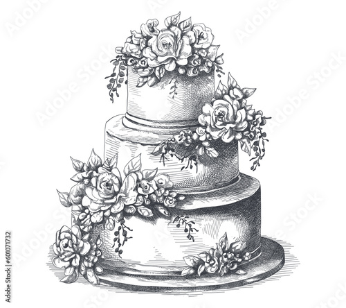 Large tiered elegant wedding cake with flowers. Sketch illustration. Line art.