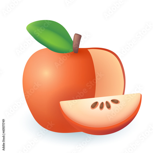 Red apple with slice 3D illustration. Cartoon drawing of tasty round fruit, natural food product with vitamins in 3D style on white background. Food, fruits, healthy eating concept