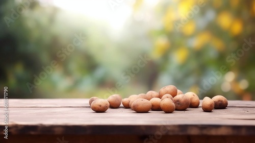  Potatoes On wooden Table At Sunset - Harvest Concept with ai generated
