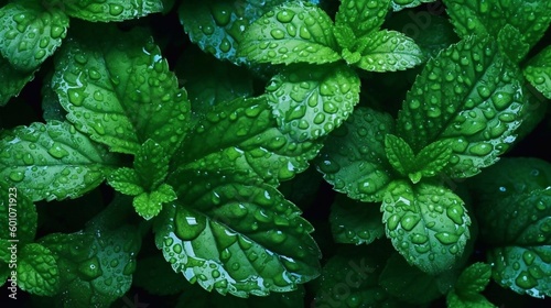 Mint leaves with water drops background. AI generated