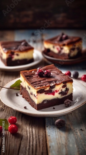 Wallpaper Mural Two colors brownies with berries in plate on wooden table, ai generated Torontodigital.ca