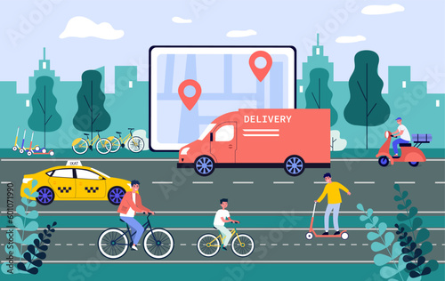 Urban transportation on city map vector illustration. Personal car, taxi, delivery truck, bike and scooter sharing, bike paths network on road. Urban infrastructure, rental application concept © SurfupVector
