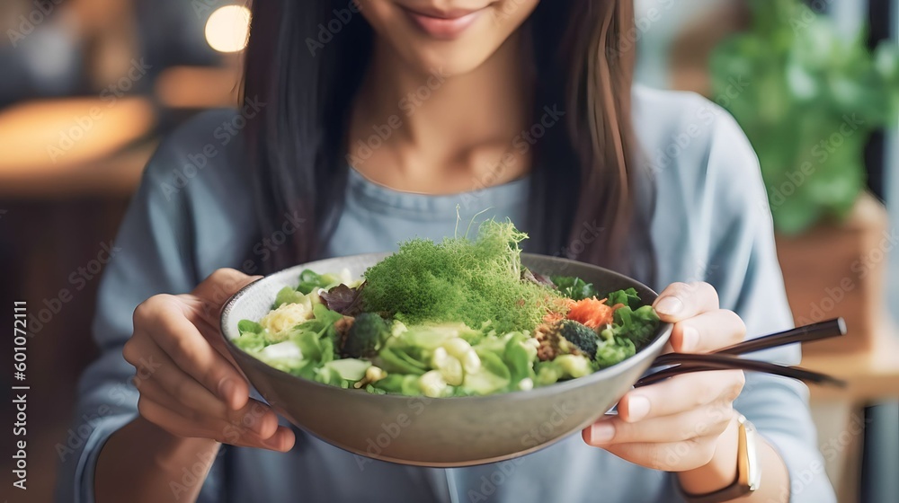 Young Asian Woman Eating Green Salad , Vegan food At Restaurant, Generative AI