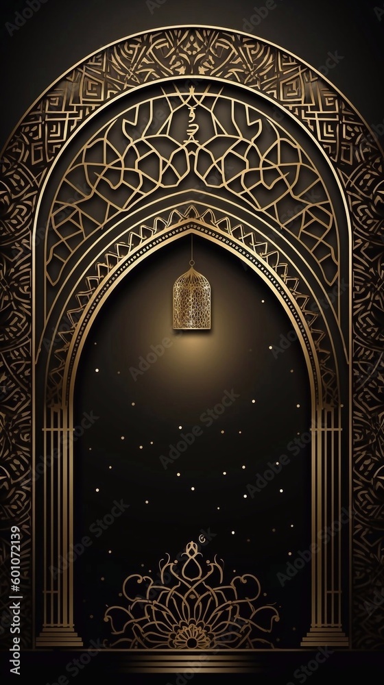 Ramadan gold ornament islamic banner. Dark background. AI generated