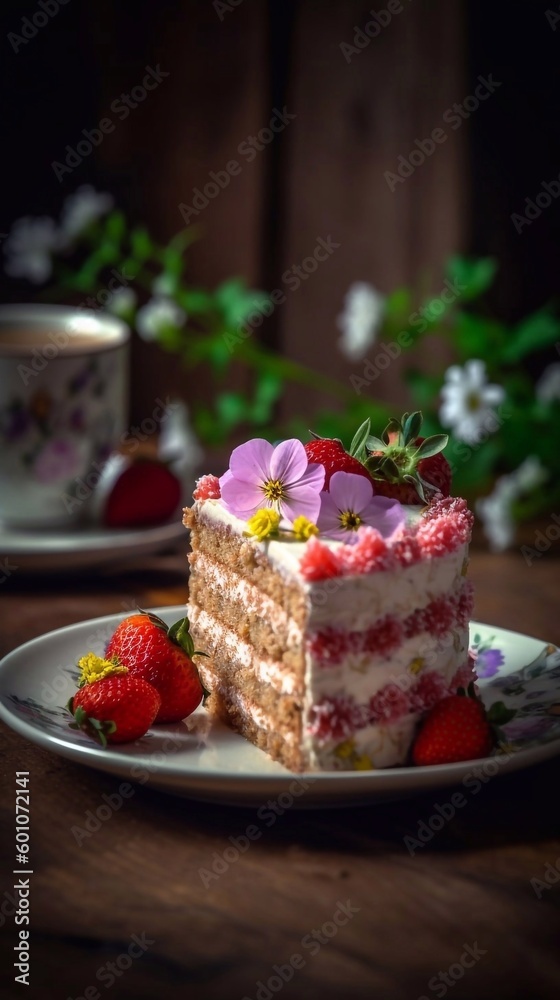 Slice of strawberry cake withflower decor on plate and wooden table. AI generated