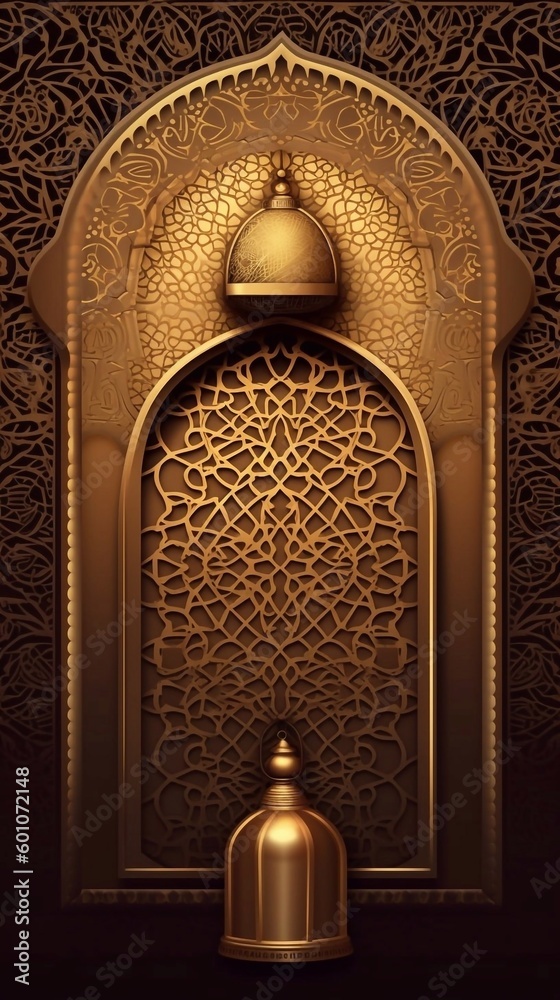 Ramadan ornament islamic banner . Dark, golden background. AI generated
