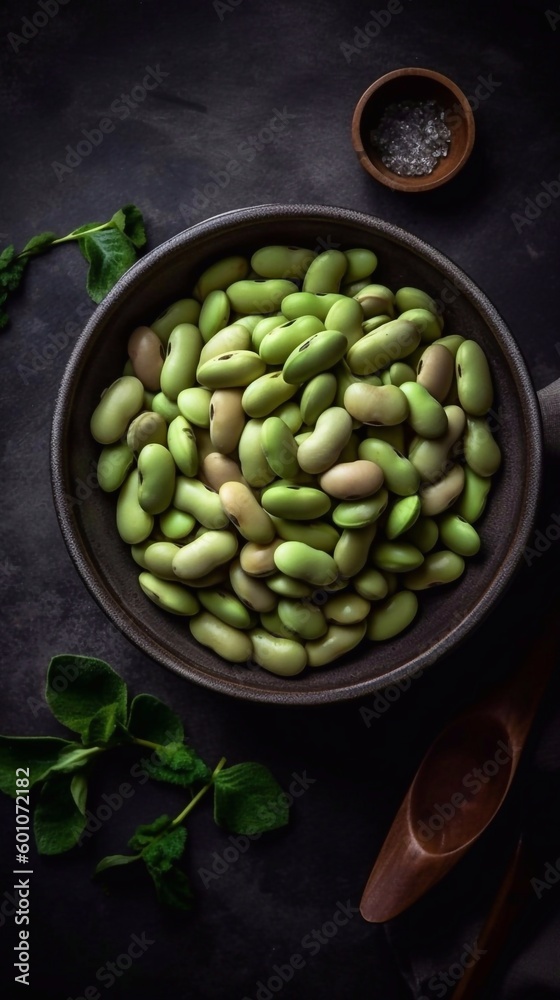 Close up fava beans in bowl on dark background. Raw Organic Fresh Green Fava Beans. AI generated Close up fava beans in bowl on dark background. Raw Organic Fresh Green Fava Beans. AI generated