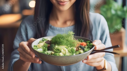 Young Asian Woman Eating Green Salad , Vegan food At Restaurant, Generative AI