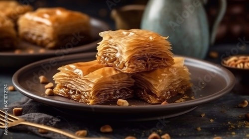  Close up walnuts baklawa in plate on dark background. AI generated