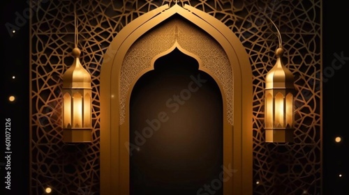Ramadan ornament islamic banner with lanterns. Dark golden decor background. AI generated