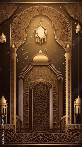 Ramadan ornament islamic banner. Dark golden background. AI generated