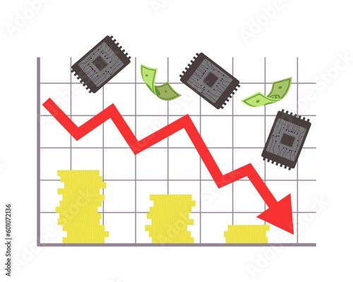 Reduction of production of chips vector illustration. Memory chips falling on chart or diagram with golden coins on white background. Falling profit, global economy, sales drop concept