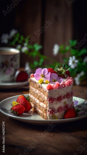 Slice of strawberry cake withflower decor on plate and wooden table. AI generated