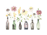 Wildflowers and green branches with leaves in glass bottles, colored watercolor illustration. Isolated decorative print for invitation or greeting cards, horizontal floral border.