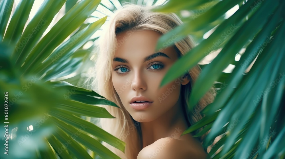Beautiful girl surrounded by tropical leaves Beautiful girl surrounded by tropical leaves