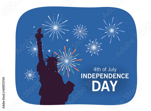 Statue of liberty silhouette vector illustration. Independence day celebration with fireworks on night sky in America, banner or postcard ideas. Independence day, holiday, democracy concept