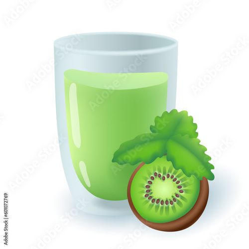 Cut kiwi fruit and juice 3D illustration. Cartoon drawing of glass with green organic drink and half of fruit in 3D style on white background. Fruits, beverage, healthy eating, diet concept