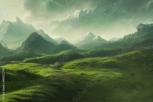 Abstract green landscape wallpaper background illustration design with hills and mountains.Organic green environment  Generative AI