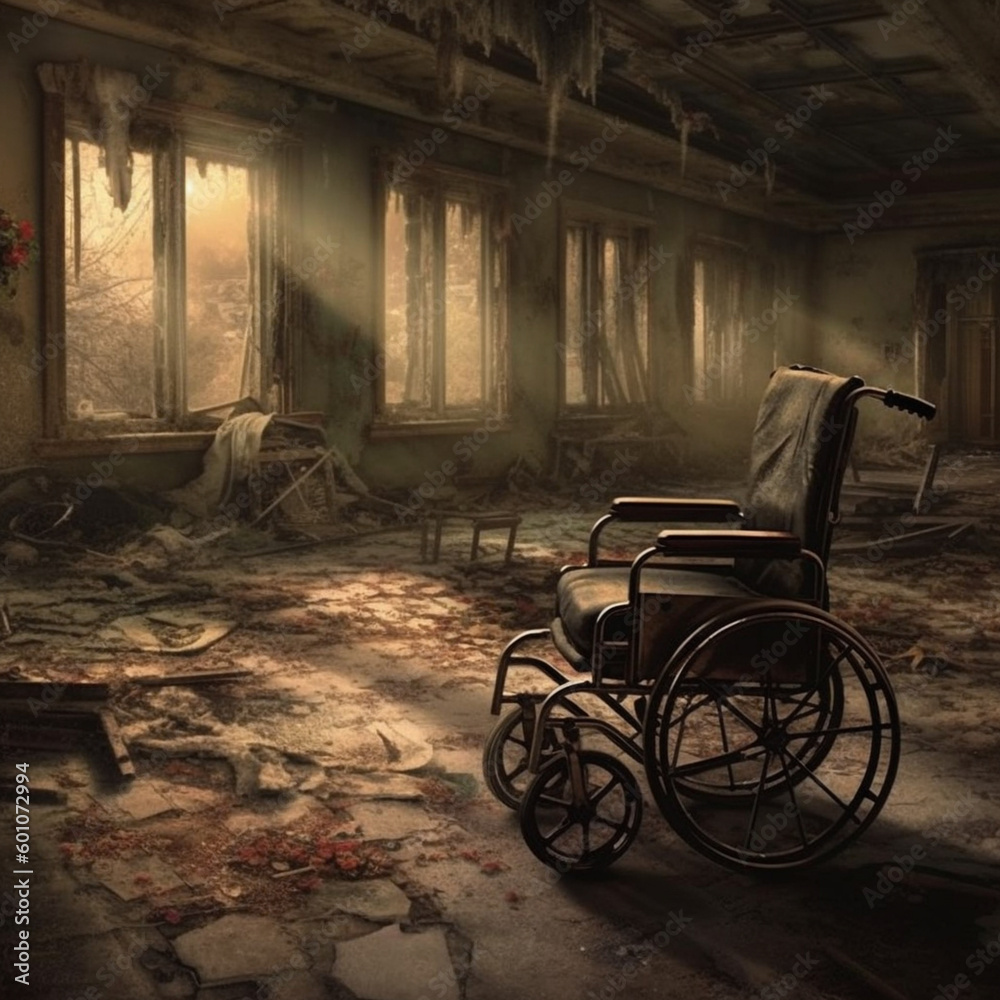 old wheelchair in an abandoned house