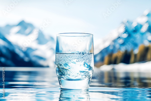 Glass of pouring crystal water against blurred nature snow mountain landscape background. Organic pure natural water. Healthy refreshing drink. Generative ai
