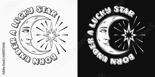Label with crescent moon with face in profile, star, text. Mythological faitytale symbol Groovy, hippie style. For clothing, apparel, T-shirts, surface decoration, kids design Retro style illustration