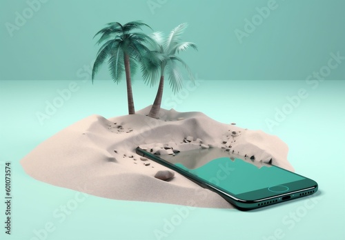 mock phone summer sea palm sand holiday up creative concept cyber. Generative AI.