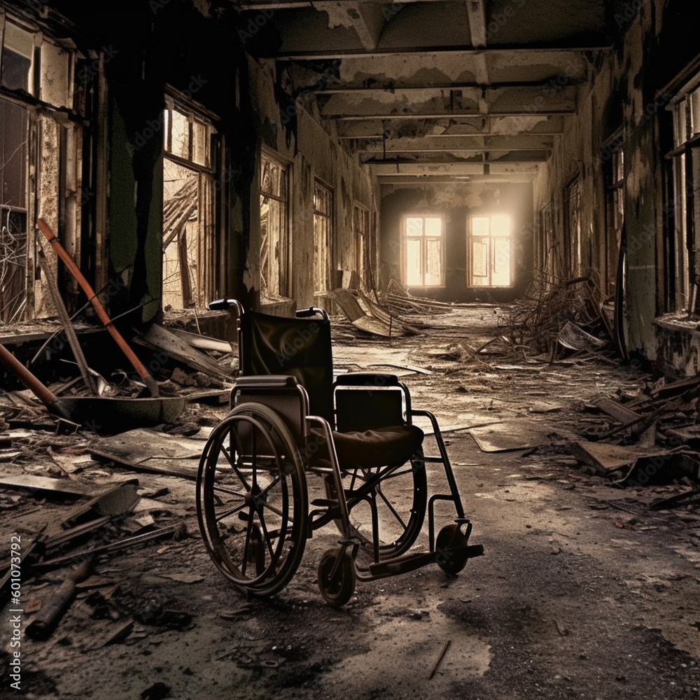  wheelchair in an abandoned building