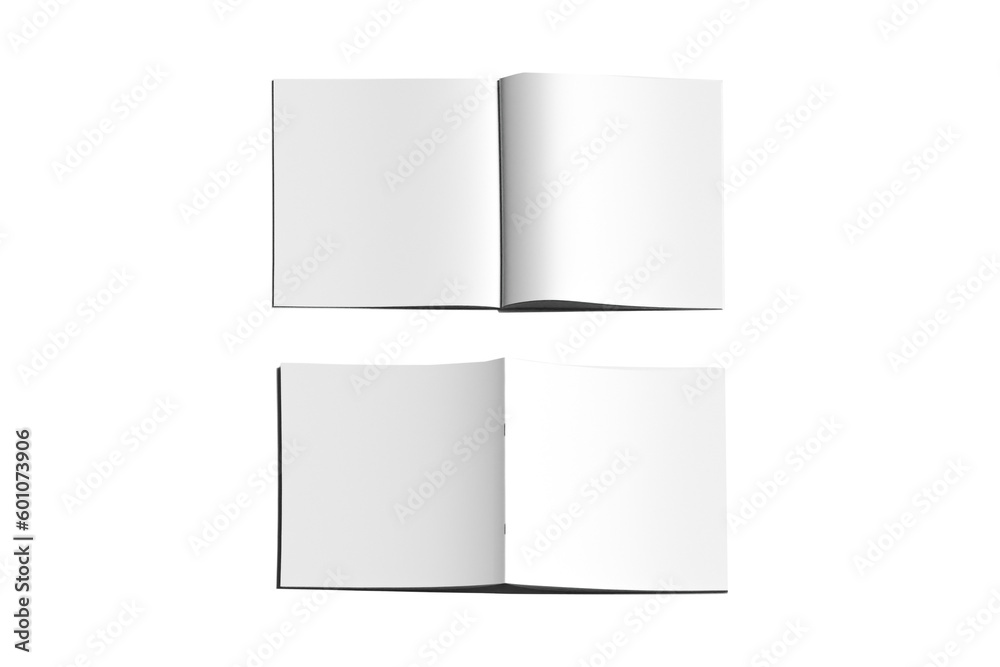 Empty Blank white square catalog booklet with staples mockup template for the presentation of the design. Template of open brochure isolated on white background. 3d rendering. top view. Empty Blank white square catalog booklet with staples mockup template for the presentation of the design. Template of open brochure isolated on white background. 3d rendering. top view.