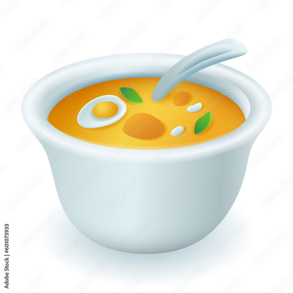 Pumpkin or spilt pea soup with egg 3D illustration. Cartoon drawing of meal or dish with yellow vegetables and egg in 3D style on white background. Food, healthy eating concept Pumpkin or spilt pea soup with egg 3D illustration. Cartoon drawing of meal or dish with yellow vegetables and egg in 3D style on white background. Food, healthy eating concept