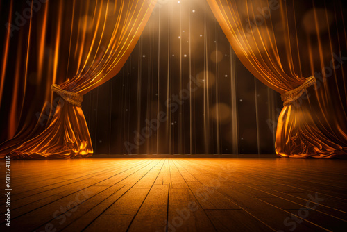 A background of empty wooden stage with gold curtains and golden lights. Created with Generative AI.