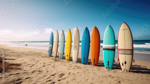 A row of colorful surfboards on the sandy beach. Generative AI 