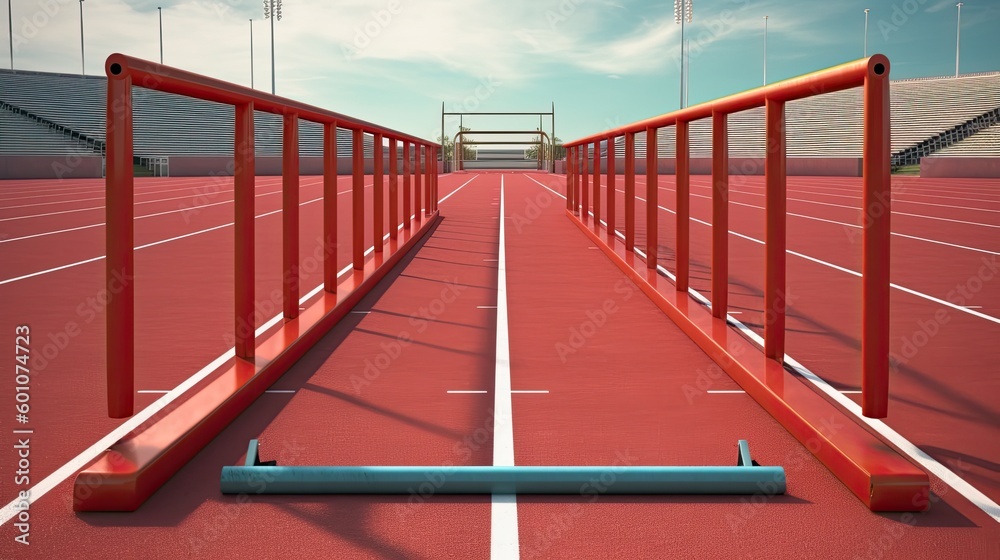 A running track with hurdles and a starting block. Generative AI A running track with hurdles and a starting block. Generative AI