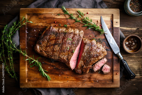 high quality grilled beef, placed on a wooden cutting board, all surrounded by spices such as rosemary and pepper. Ai generative
