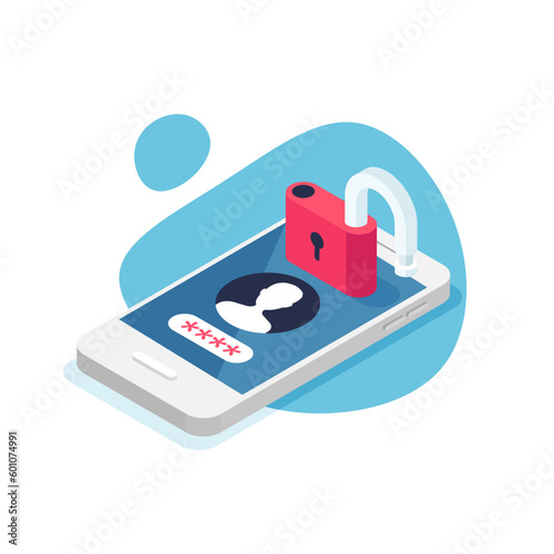 Password phone protected. 3d mobile phone unlocked. Smartphone security alert. 2 factor authentication of user account. Authorization. Vector illustration in isometric style isolated.